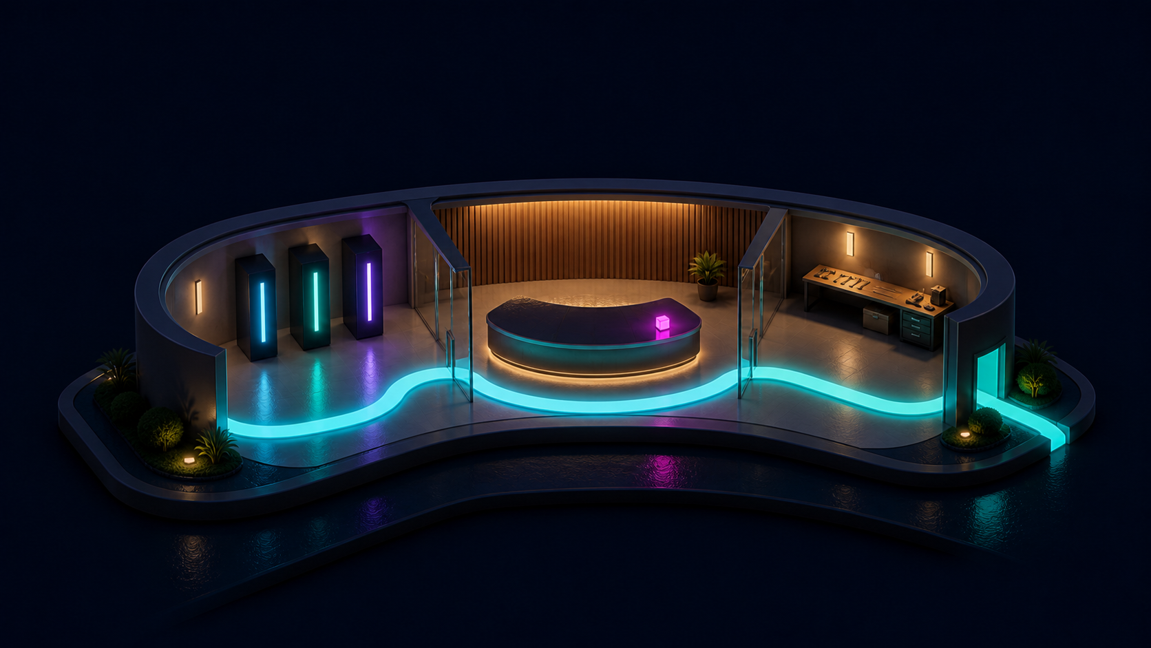 A curved control pavilion with health lights and an oversight desk