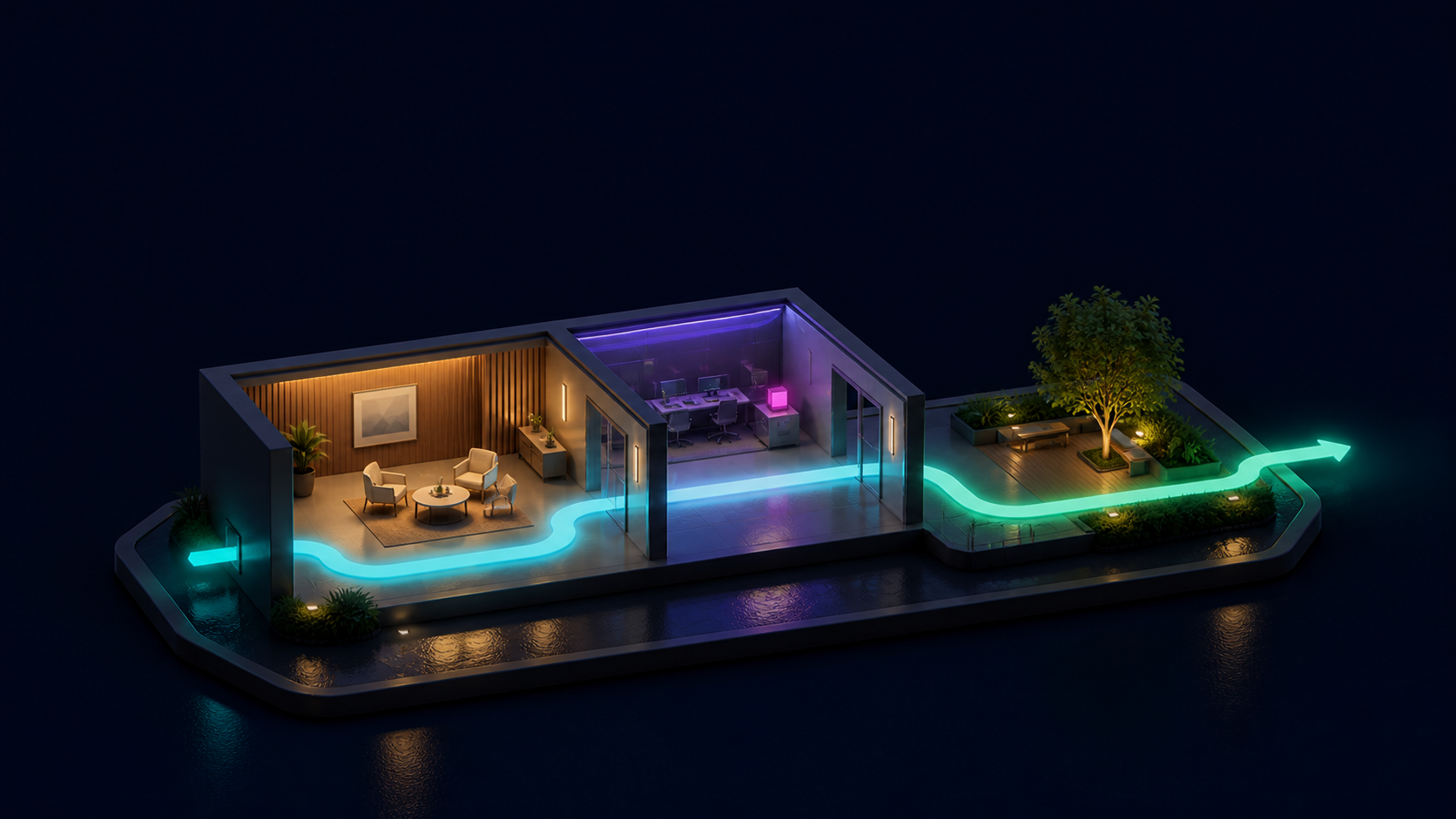 A calm customer lounge, operations core and landscaped growth terrace